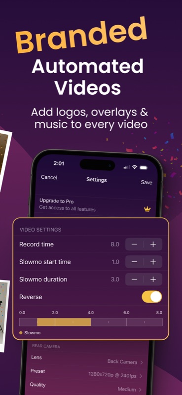 BoothLab slow motion settings panel with record time, slowmo range and reverse toggle