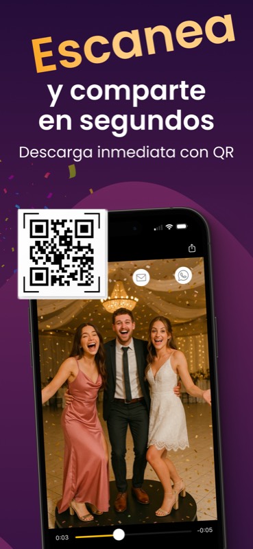 Pantalla de envío por código QR entregando un video de cabina 360 a los invitados