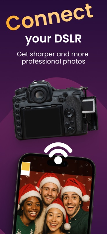 Sony DSLR camera connecting wirelessly to the BoothLab photo booth app on iPhone